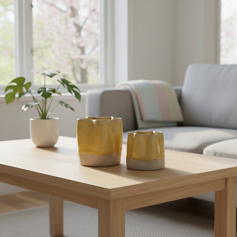 Lyst og minimalistisk stue med et lyst træbord, to gule keramiske vaser, en plante i en hvid potte, og en grå sofa med et pastelfarvet tæppe.