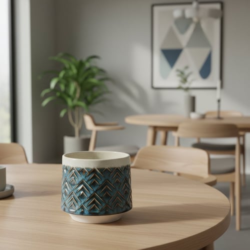 Keramisk blå og off-white urtepotte med mønster stående på rundt lyst træbord i moderne stue med træstole, plante og vægkunst i baggrunden. (1)