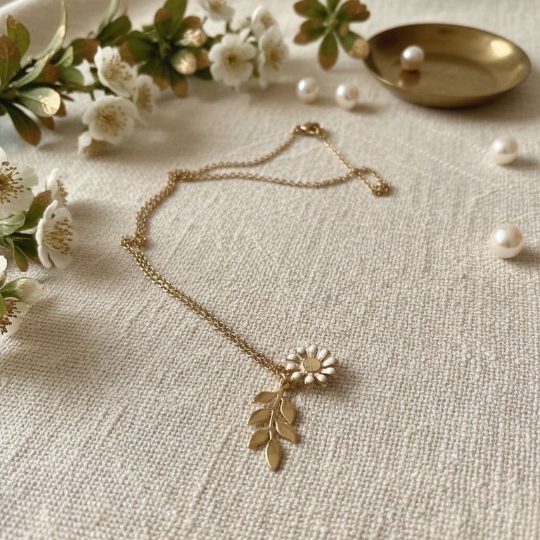 Guldkæde med vedhæng formet som en blomst og et blad, lagt på beige stof med hvide blomster og perler omkring.
