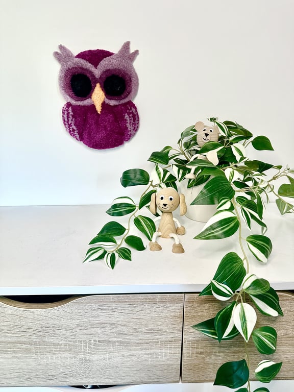 Tuftet ugle som vægophæng i 100% uld – Håndlavet til børneværelset  billede 2