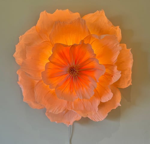 Orange blomstformet lampe tændt mod en grå væg. (1)