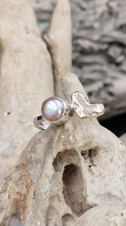 Rosa unika sølv / guld hjerte ring.