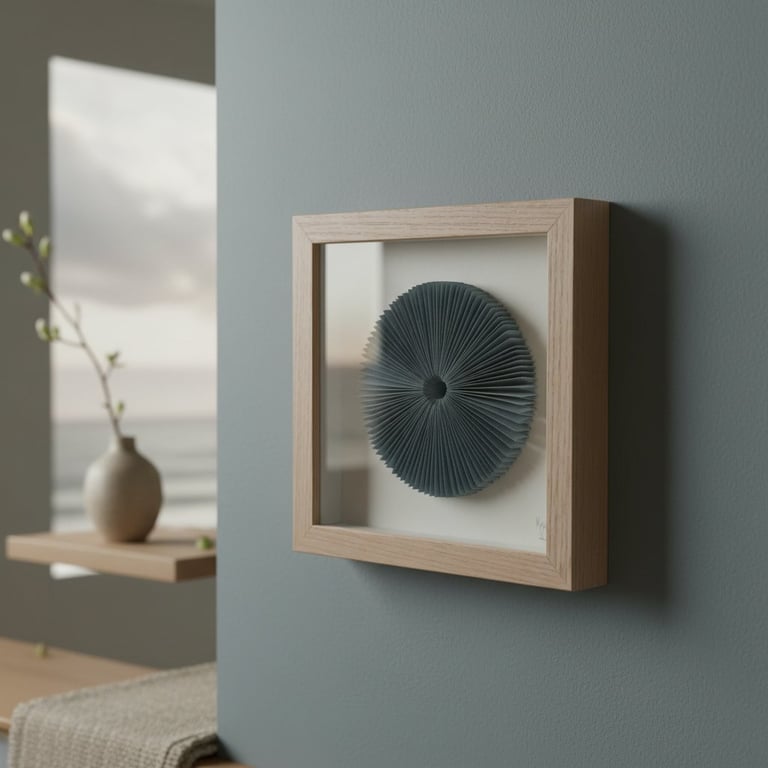 Vægophæng med en ramme i lyst træ, indeholdende en rund, foldet, mørkeblå skulptur, monteret på en grå væg i et minimalistisk rum. (2)