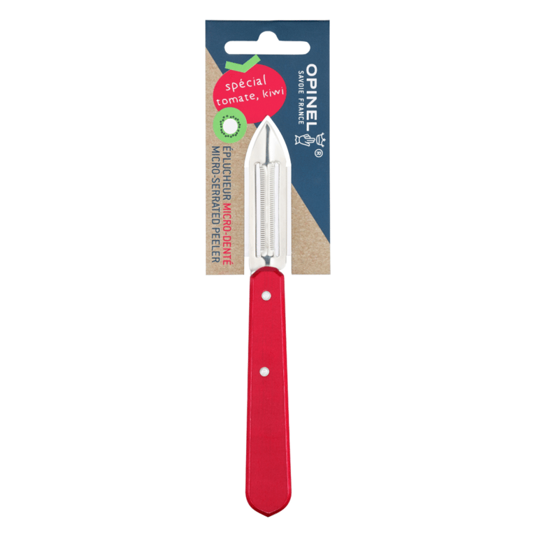 Skrællekniv med rødt håndtag og micro-tandet blad, specielt designet til skrælning af tomater og kiwi, fra mærket Opinel.