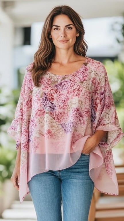 Kvinde iført løs, lyserød bluse med blomsterprint og blå jeans, stående med hånd i lommen, udendørs baggrund.