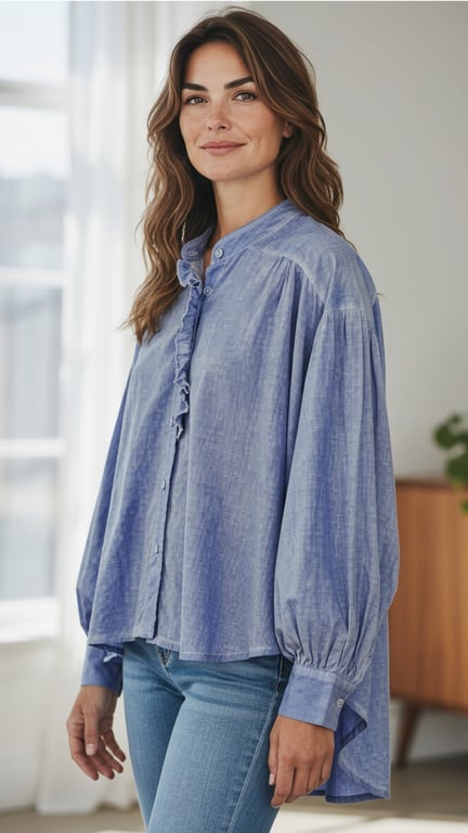 Kvinde med langt brunt hår iført en løs, lyseblå skjorte med rynkede ærmer og blå jeans, stående indendørs foran vindue.