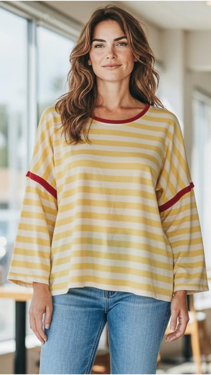 Kvinde iført gul og hvidstribet bluse med røde detaljer og blå jeans, stående indendørs med let smil.