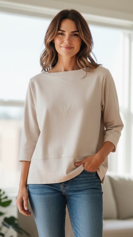 Kvinde med brunt hår iført beige bluse med 3/4-ærmer og blå jeans, stående indendørs med hånd i lommen og smilende.