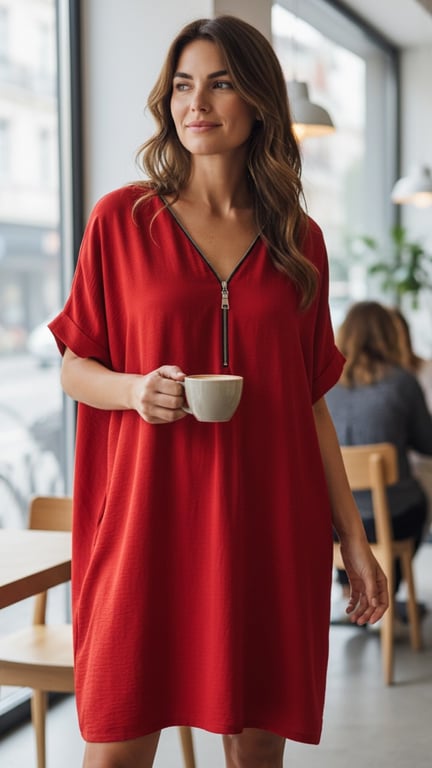 Kvinde iført rød kjole holder en kop kaffe i en café med store vinduer.