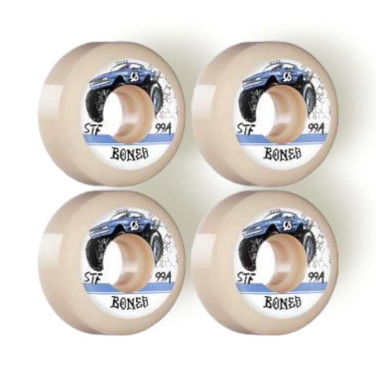 Fire beige skateboardhjul med motiv af blå monstertruck og teksten "STF 99A BONES".
