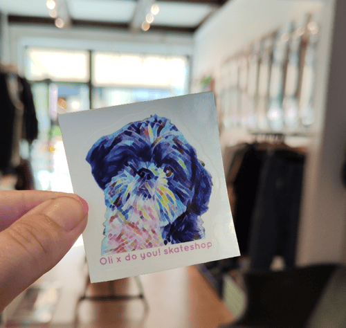 Hånd, der holder en farverig sticker med et malet motiv af en hund og teksten "Oli x do you! skateshop" i en indendørs butik. (1)