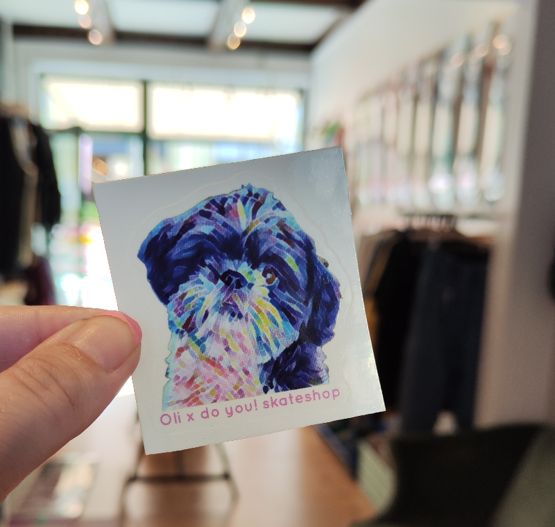 Hånd, der holder en farverig sticker med et malet motiv af en hund og teksten "Oli x do you! skateshop" i en indendørs butik.