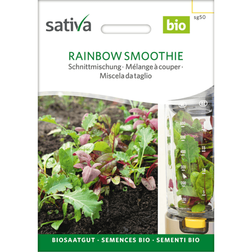 Frøpakke til økologisk blanding af grøntsager til skæring kaldet "Rainbow Smoothie" fra Sativa, med billede af friske grønne og røde bladgrøntsager i jord og i en blender. (1)