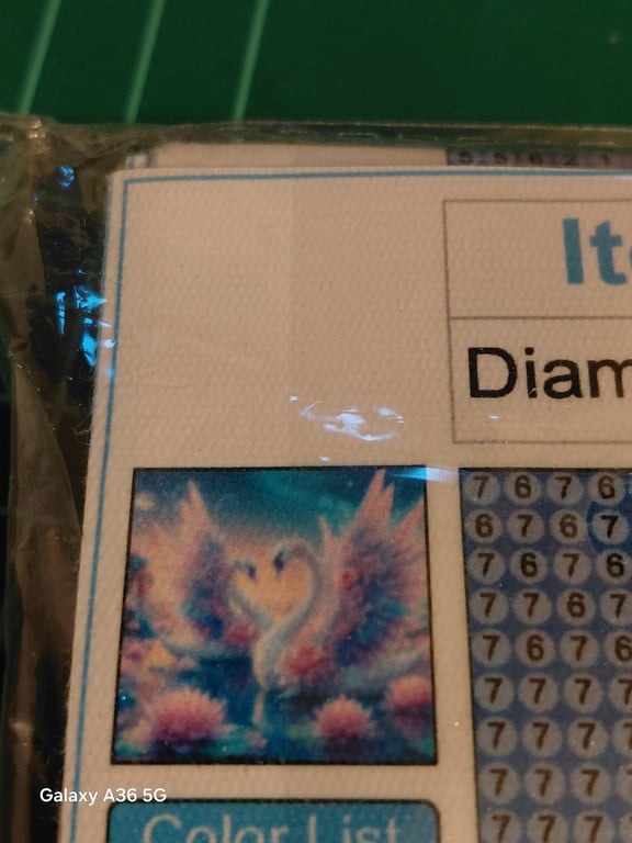 Delvis billede af en diamantmosaikpakke med motiv af en svane omgivet af blomster og tal til placering af diamanter.