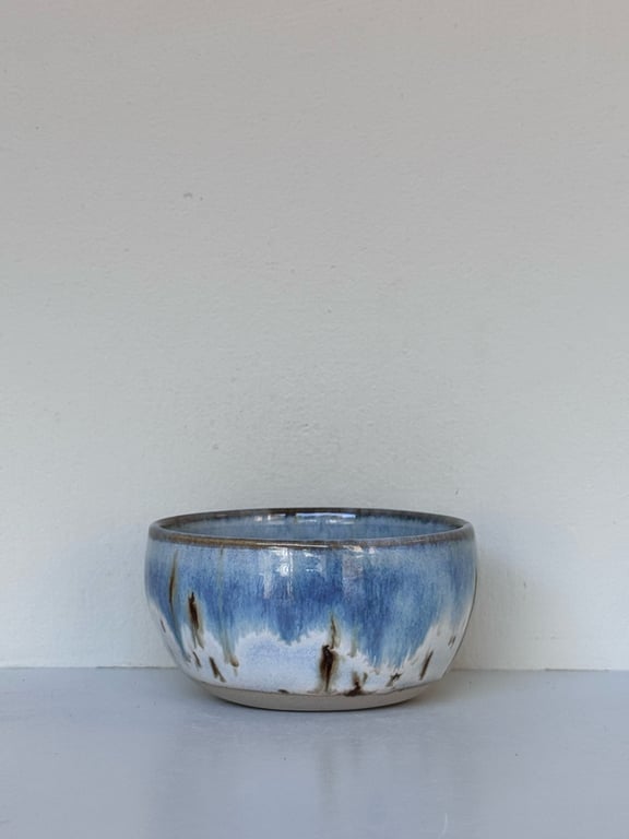 Blå og hvid keramisk skål med brunlige detaljer, placeret på en grå overflade mod en lys væg.