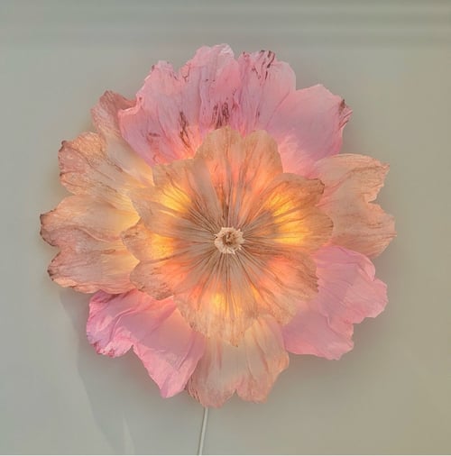 Skærmlys formet som en stor blomst med lyserøde og orange kronblade, der afgiver et varmt, blødt lys mod en hvid væg. (1)