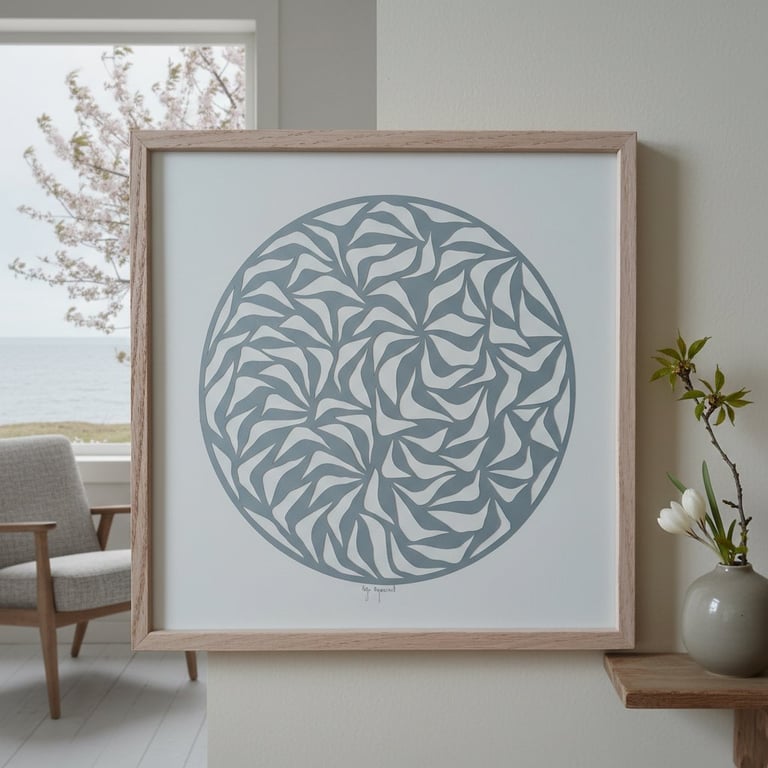 Billedramme med abstrakt cirkulært mønster i grå nuancer, placeret på en væg ved siden af en væghylde med vase og blomster, med udsigt til hav og stol gennem et vindue i baggrunden.