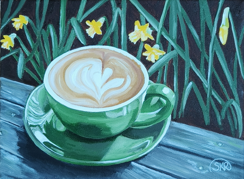 Kaffe og påskeliljer. 18*24.