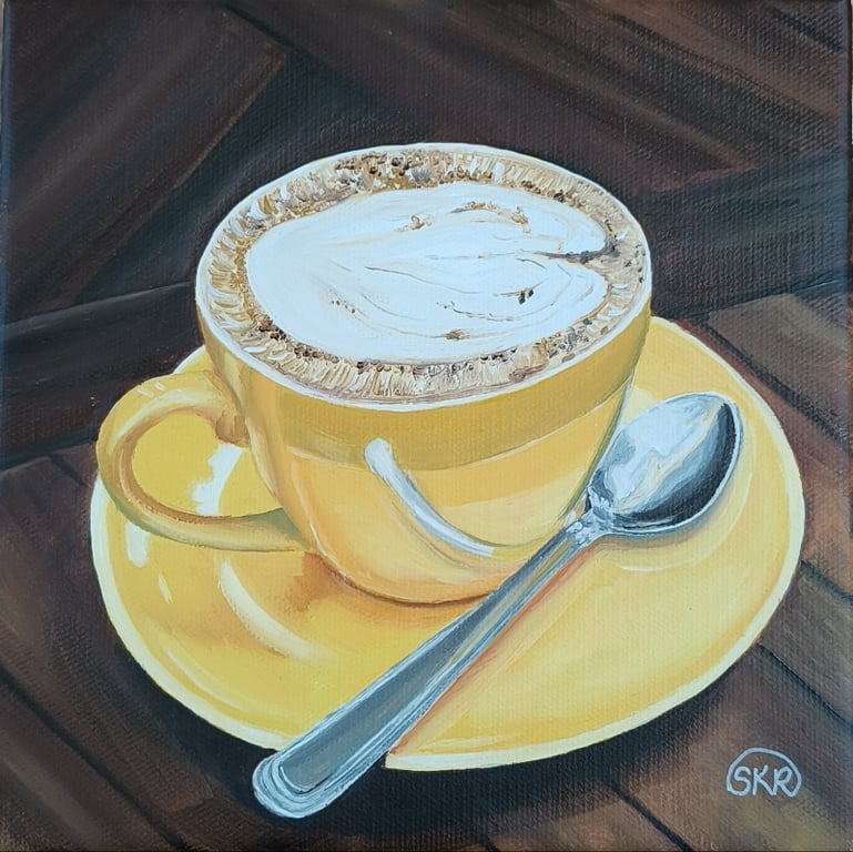 Gul kop kaffe med ske. 20*20