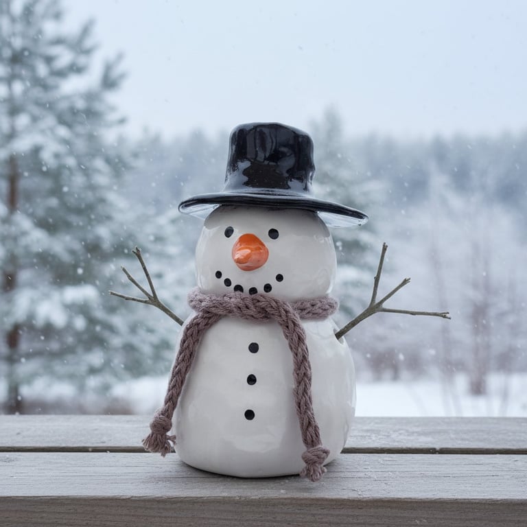 En keramik snemand med sort hat, orange næse, sort tørklæde og kviste som arme, placeret på en trægelænder med sne i baggrunden.