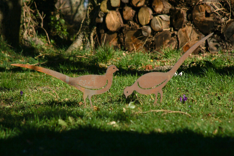 To metalfuglefigurer på græs foran en stak af brændestykker i sollys.