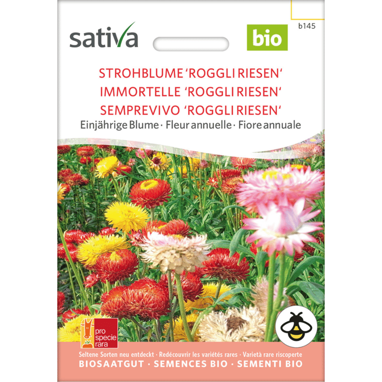 Frøpose med 'Roggli Riesen' tørret blomster i forskellige farver, mærket som økologisk fra mærket Sativa.