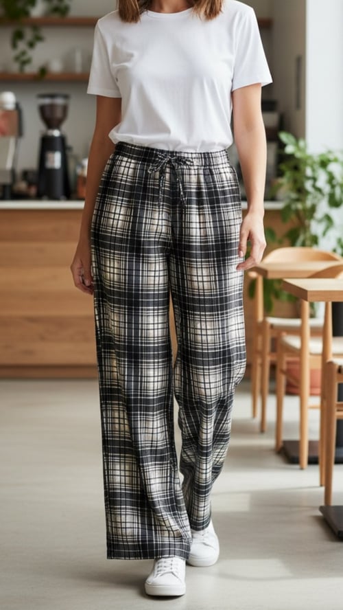 Kvinde iført hvid t-shirt, ternede bukser og hvide sneakers, gående i et lyst, moderne køkken. (1)