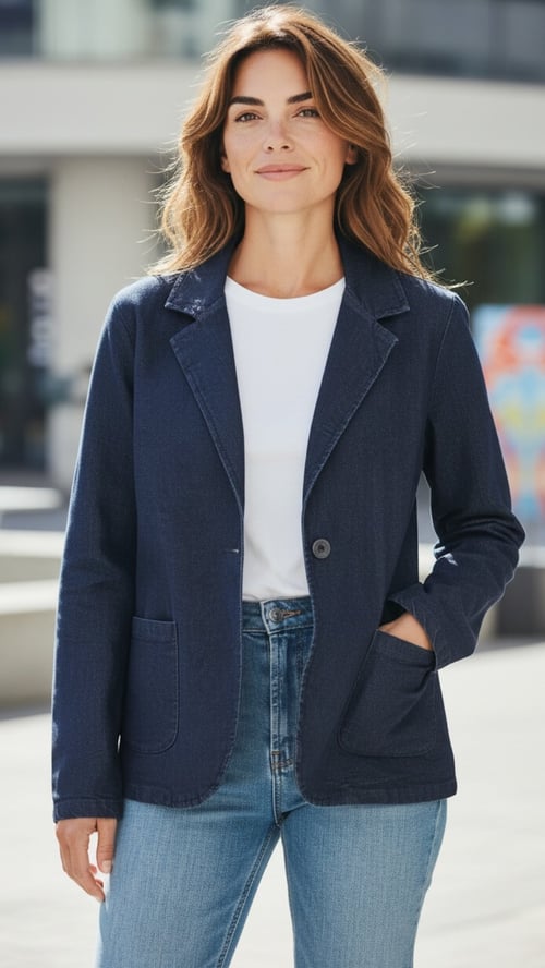 Kvinde iført mørkeblå blazer, hvid T-shirt og lyseblå jeans, står udendørs med hånden i lommen. (1)