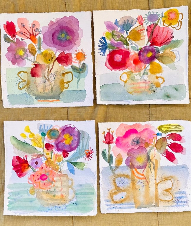 Vilde blomster i okker  - original akvarel (5)