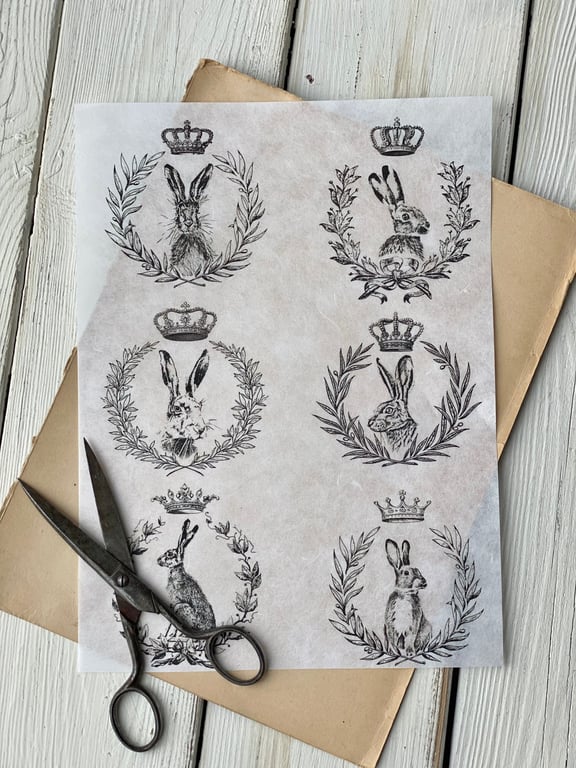 Decoupage papir - 6 påskeharer.