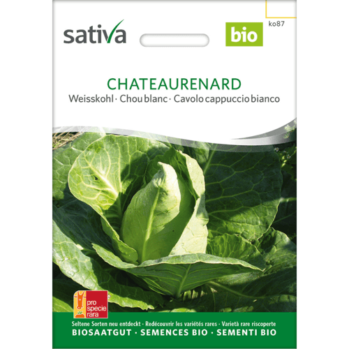Frøpose til økologisk hvidkål 'Chateaurenard' fra Sativa med billede af en grøn hvidkål. (1)