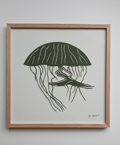 30x30cm, Gople nr 72, papercut, mørkegrøn, hvid, indrammet