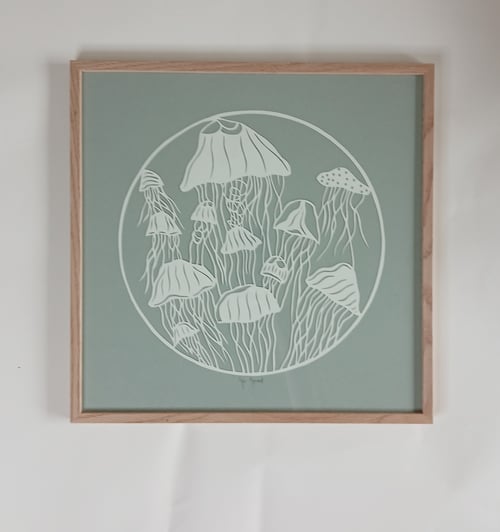 40x40cm,  "hav af gopler", gråblå, indrammet