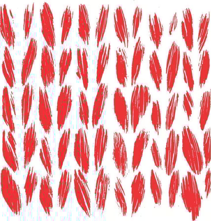 Mønster af røde, aflange penselstrøg på hvid baggrund.