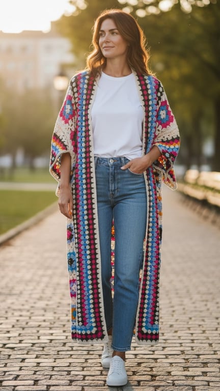 Elinor long knit/hæklet cardigan, Creme/pink/Light blue. Onesize 36-44. 