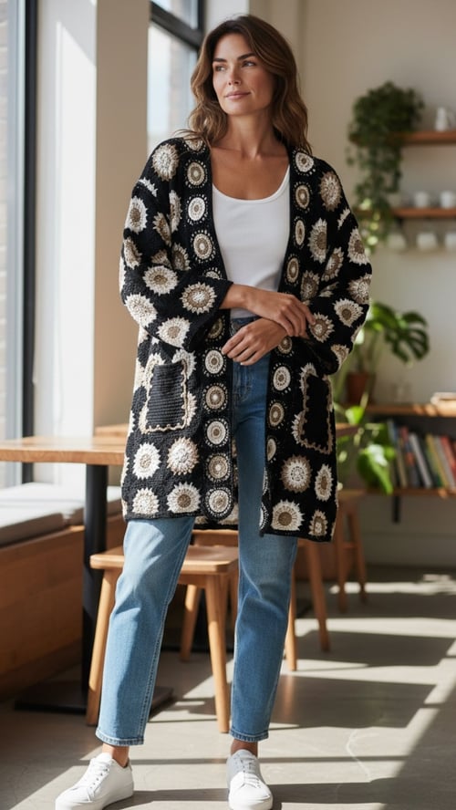 Ida knit cardigan, Black/Cappuccino/Latte. Onesize 36-46.  (2)