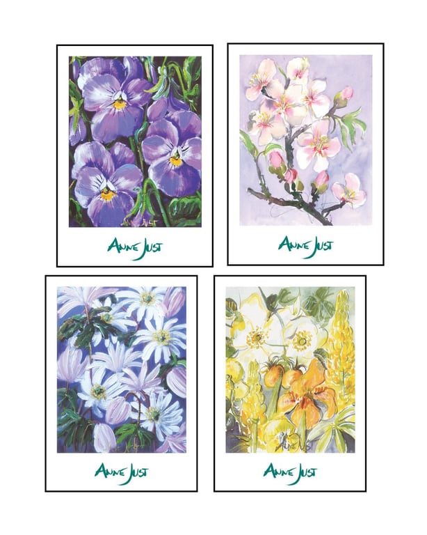 Fire malerier af forskellige blomster i farverne lilla, rosa, hvid og gul, signeret af Aune Just.