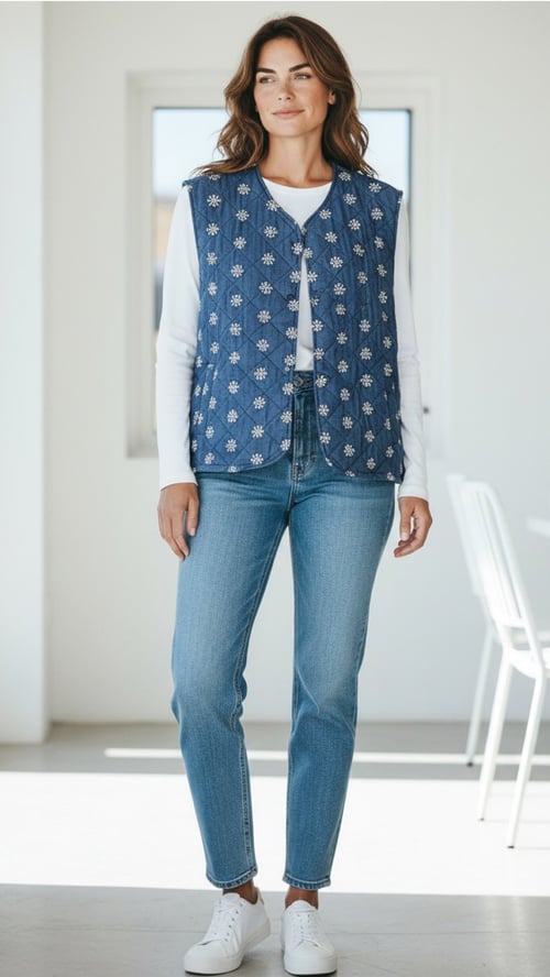 Oslo Quiltet vest. Blue w flowers. Onesize str 36-46. (2)