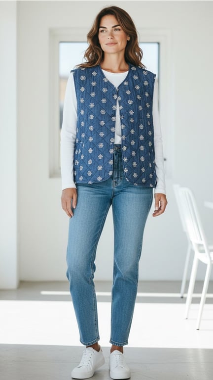 Oslo Quiltet vest. Blue w flowers. Onesize str 36-46. (2)