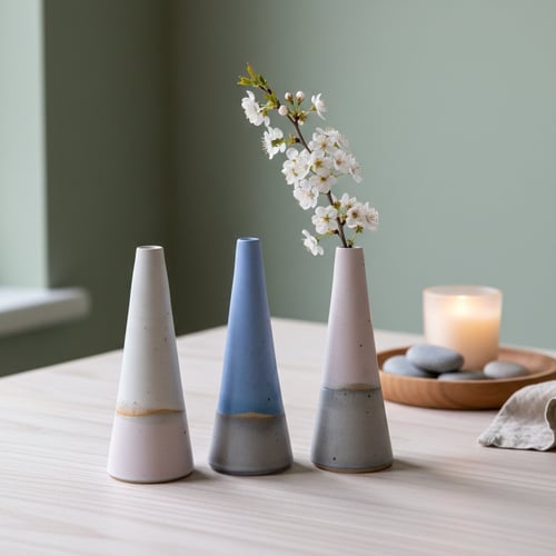 Tre keramiske, kegleformede vaser i forskellige farver står på et lyst bord, hvoraf den ene indeholder en gren med hvide blomster; i baggrunden ses et tændt stearinlys i et fyrfadslysglas og en træskål med glatte sten. (1)