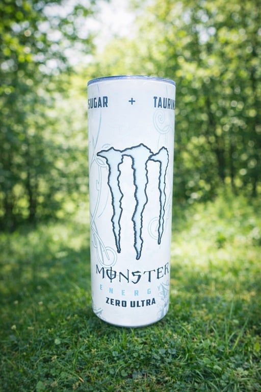 Dåse med Monster Energy Zero Ultra energidrik stående på græs med grønt, sløret baggrund af træer.