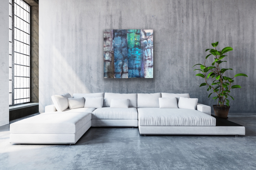 MALERI  100x100 - BLÅTIME MED CITRONMÅNE billede 5