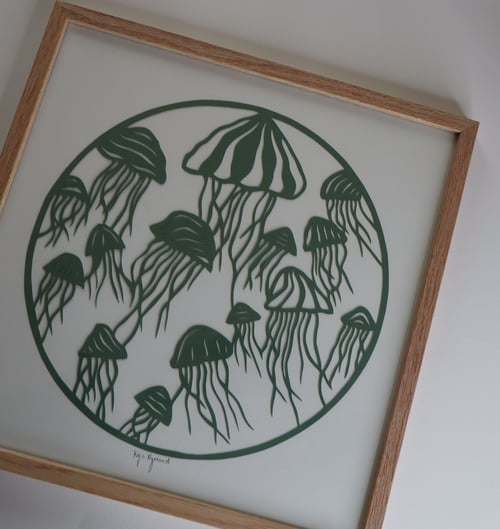30x30cm, hav af gopler, støvet Jade, indrammet  (3)