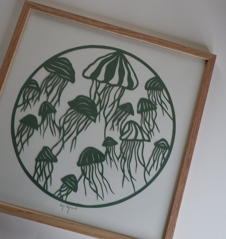 30x30cm, hav af gopler, støvet Jade, indrammet  (3)