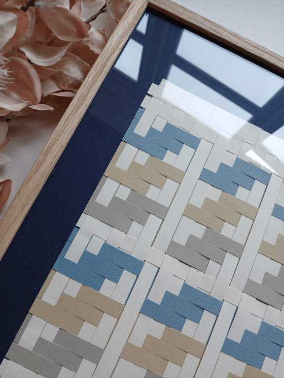 A3 papirværk, beige, grå, blå, indrammet  billede 2