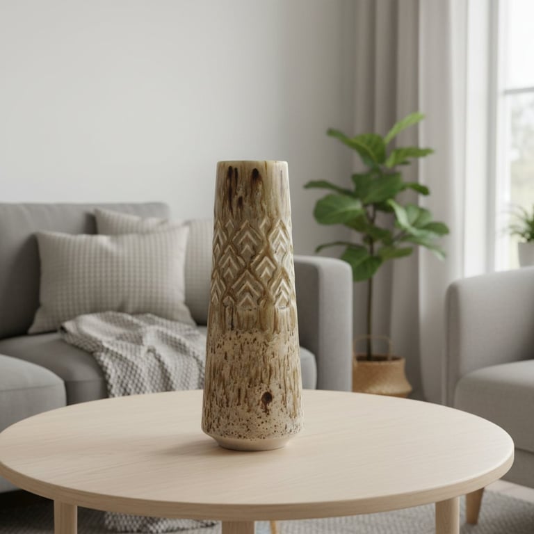 Høj, mønstret keramisk vase placeret på et rundt, lyst træbord i en moderne stue med grå sofaer, puder og grøn plante i baggrunden.
