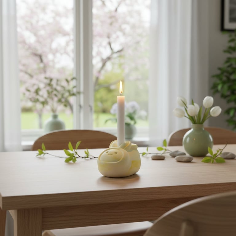 Lysestage formet som en gul kanin med et tændt hvide stearinlys på et lyst træbord, omgivet af grønne grene og en vase med hvide tulipaner, foran en stor vindue med udsigt til blomstrende træer.