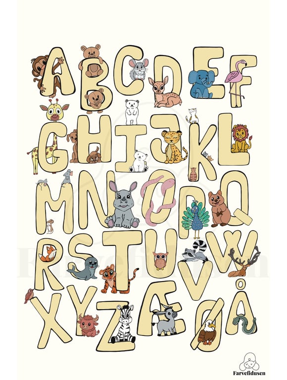 Plakat med Navn: ABC DYR NAVNE-PLAKAT (Gul Skrift, beige baggrund) (2)