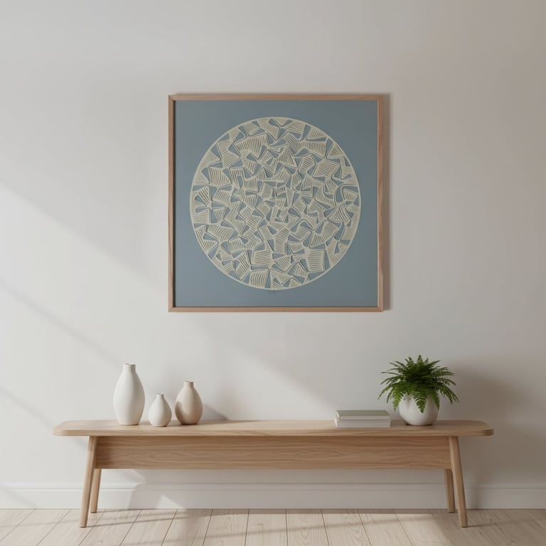 Minimalistisk indretning med en træbænk dekoreret med tre keramikvaser og en lille grøn plante, samt et kvadratisk billede med abstrakt cirkelmotiv hængende på en hvid væg. (2)