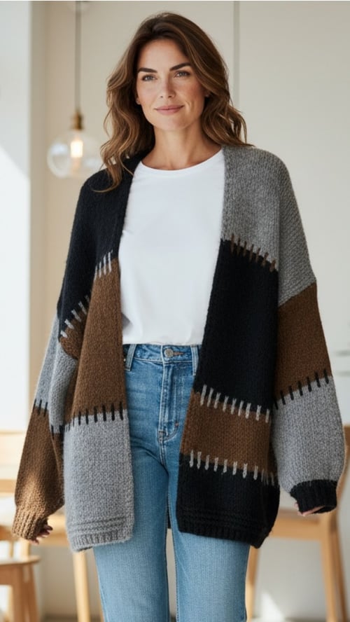 Kvinde iført hvid t-shirt, lyseblå jeans og oversized strikket cardigan med mønster i grå, brun og sort, stående i lyst rum. (1)